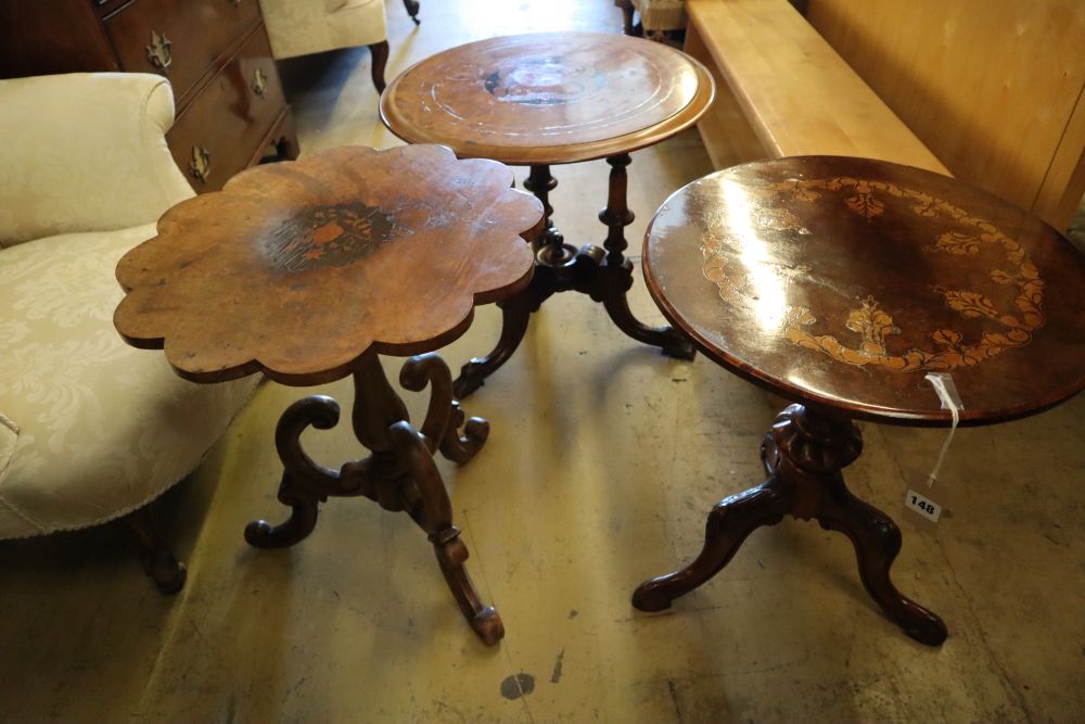 Three assorted Victorian walnut occasional tables, all reduced in height, largest diameter 53cm height 51cm